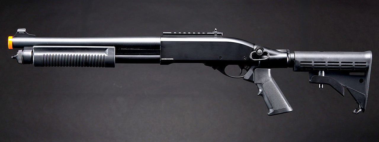 Golden Eagle M8871 3/6-Shot Pump Action Gas Airsoft Shotgun w/ Ghost Ring Iron Sights & M4 Crane Stock - (Black)