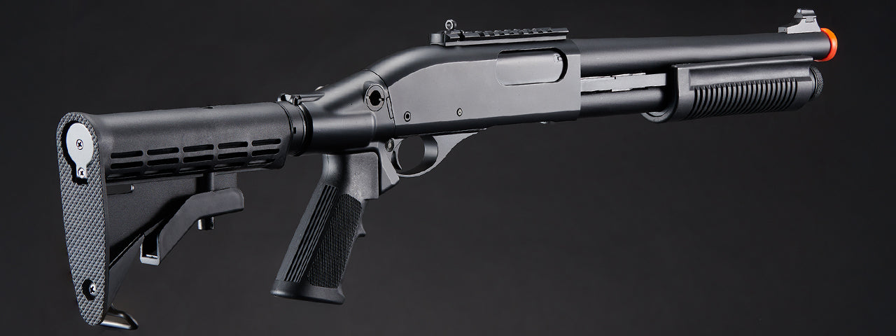 Golden Eagle M8871 3/6-Shot Pump Action Gas Airsoft Shotgun w/ Ghost Ring Iron Sights & M4 Crane Stock - (Black)