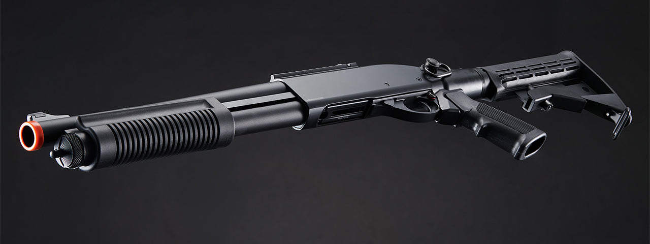 Golden Eagle M8871 3/6-Shot Pump Action Gas Airsoft Shotgun w/ Ghost Ring Iron Sights & M4 Crane Stock - (Black)