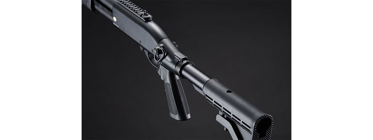 Golden Eagle M8871 3/6-Shot Pump Action Gas Airsoft Shotgun w/ Ghost Ring Iron Sights & M4 Crane Stock - (Black)