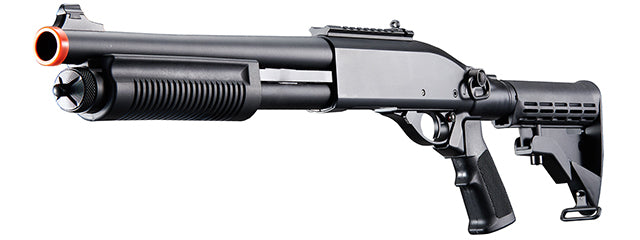 Golden Eagle M8871 3/6-Shot Pump Action Gas Airsoft Shotgun w/ Ghost Ring Iron Sights & M4 Crane Stock - (Black)