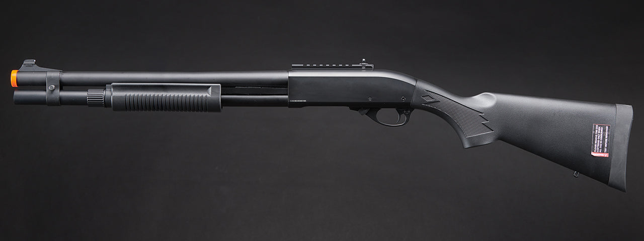 Golden Eagle M870 3/6-Shot Pump Action CO2 Airsoft Shotgun w/ Mock Shell Tube & Ghost Ring Iron Sights - (Black)