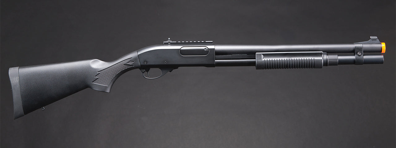 Golden Eagle M870 3/6-Shot Pump Action CO2 Airsoft Shotgun w/ Mock Shell Tube & Ghost Ring Iron Sights - (Black)