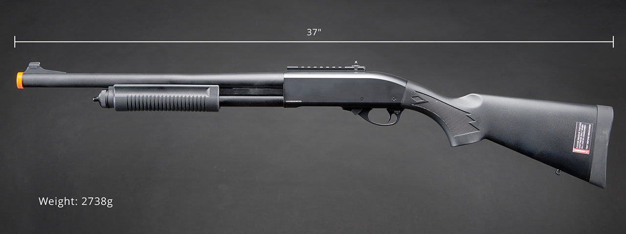 Golden Eagle M870 3/6-Shot Pump Action CO2 Airsoft Shotgun w/ Mock Shell Tube & Ghost Ring Iron Sights - (Black)