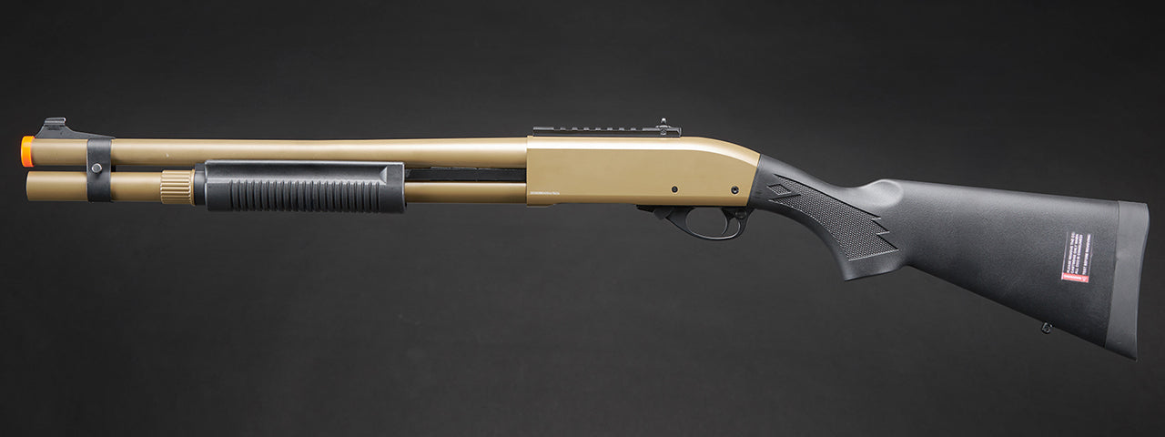 Golden Eagle M870 3/6-Shot Pump Action CO2 Airsoft Shotgun w/ Mock Shell Tube & Ghost Ring Iron Sights - (Tan)
