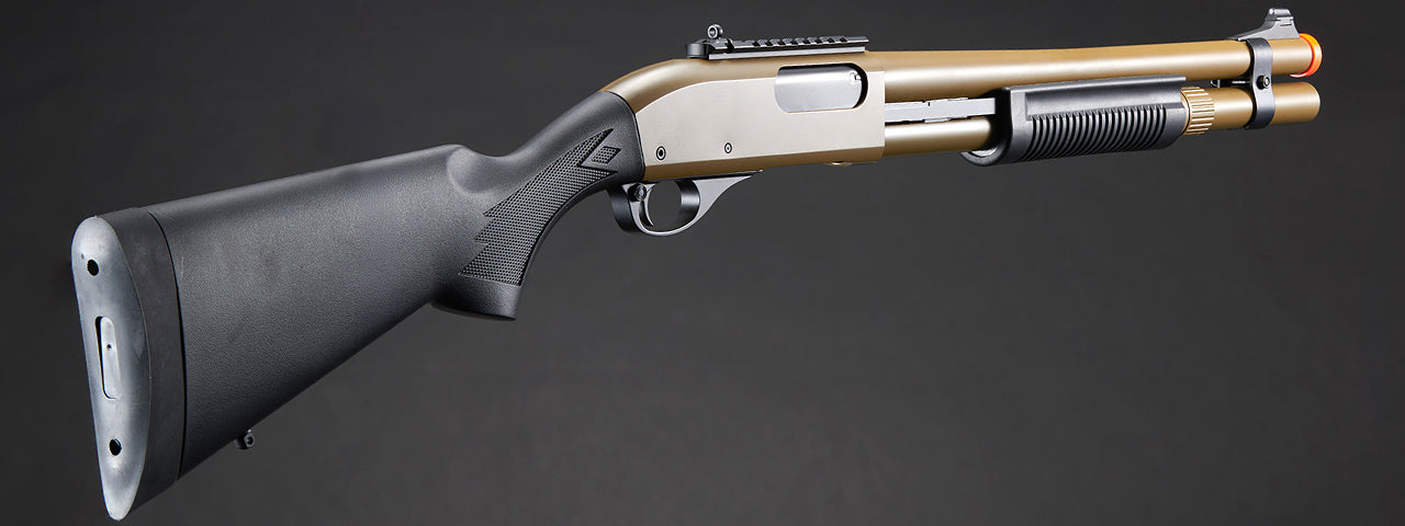 Golden Eagle M870 3/6-Shot Pump Action CO2 Airsoft Shotgun w/ Mock Shell Tube & Ghost Ring Iron Sights - (Tan)