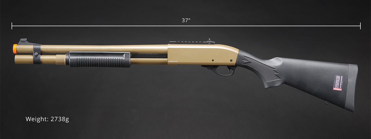 Golden Eagle M870 3/6-Shot Pump Action CO2 Airsoft Shotgun w/ Mock Shell Tube & Ghost Ring Iron Sights - (Tan)