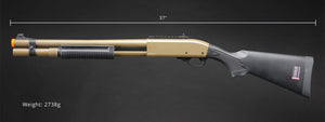 Golden Eagle M870 3/6-Shot Pump Action CO2 Airsoft Shotgun w/ Mock Shell Tube & Ghost Ring Iron Sights - (Tan)