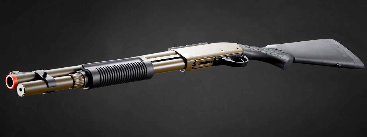 Golden Eagle M870 3/6-Shot Pump Action CO2 Airsoft Shotgun w/ Mock Shell Tube & Ghost Ring Iron Sights - (Tan)