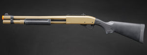 Golden Eagle M870 3/6-Shot Pump Action Gas Airsoft Shotgun w/ Mock Shell Tube & Ghost Ring Iron Sights - (Tan)