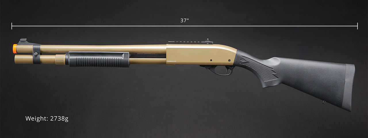 Golden Eagle M870 3/6-Shot Pump Action Gas Airsoft Shotgun w/ Mock Shell Tube & Ghost Ring Iron Sights - (Tan)