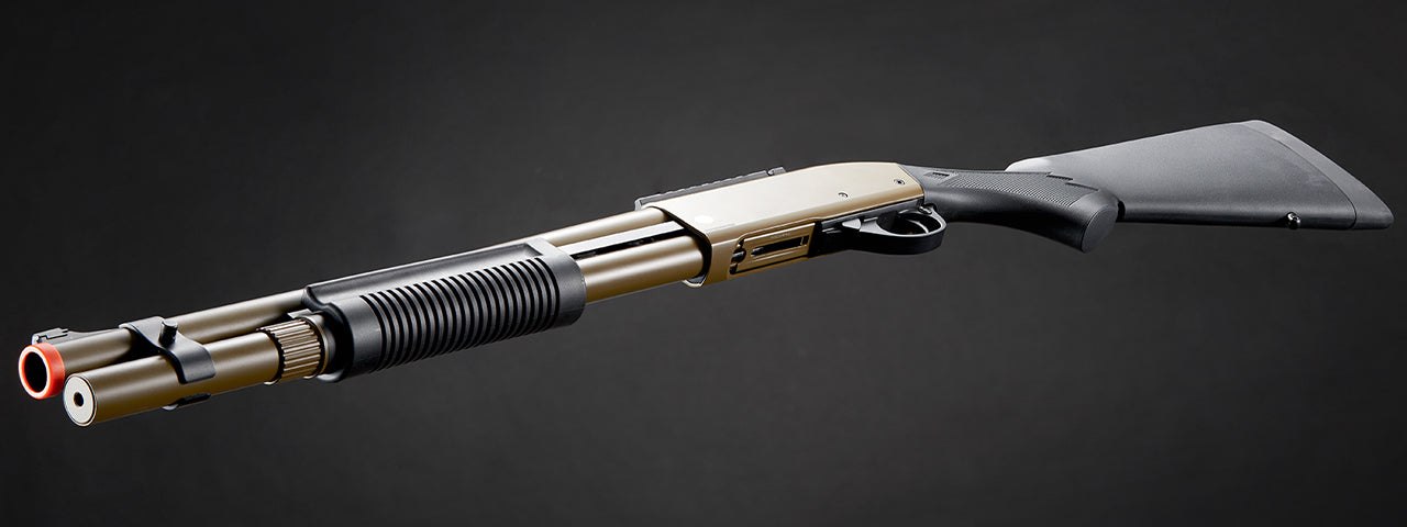 Golden Eagle M870 3/6-Shot Pump Action Gas Airsoft Shotgun w/ Mock Shell Tube & Ghost Ring Iron Sights - (Tan)