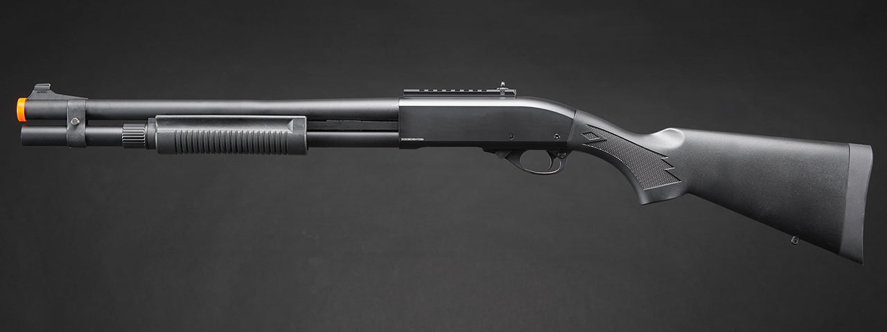 Golden Eagle M870 3/6-Shot Pump Action Gas Airsoft Shotgun w/ Mock Shell Tube & Ghost Ring Iron Sights - (Black)
