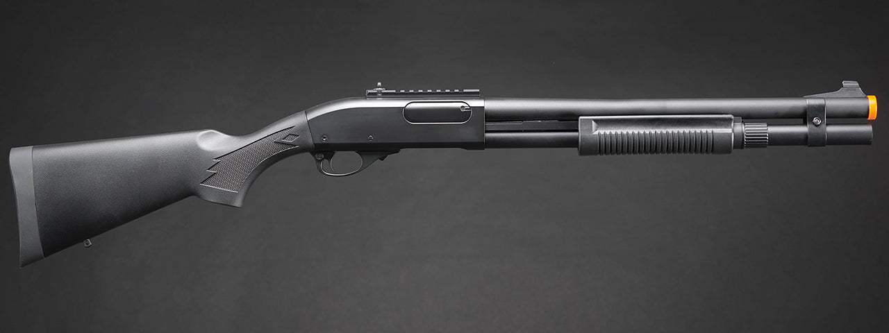 Golden Eagle M870 3/6-Shot Pump Action Gas Airsoft Shotgun w/ Mock Shell Tube & Ghost Ring Iron Sights - (Black)