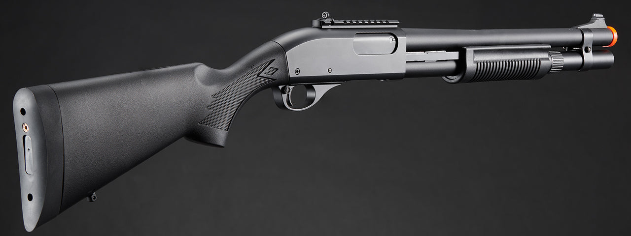 Golden Eagle M870 3/6-Shot Pump Action Gas Airsoft Shotgun w/ Mock Shell Tube & Ghost Ring Iron Sights - (Black)