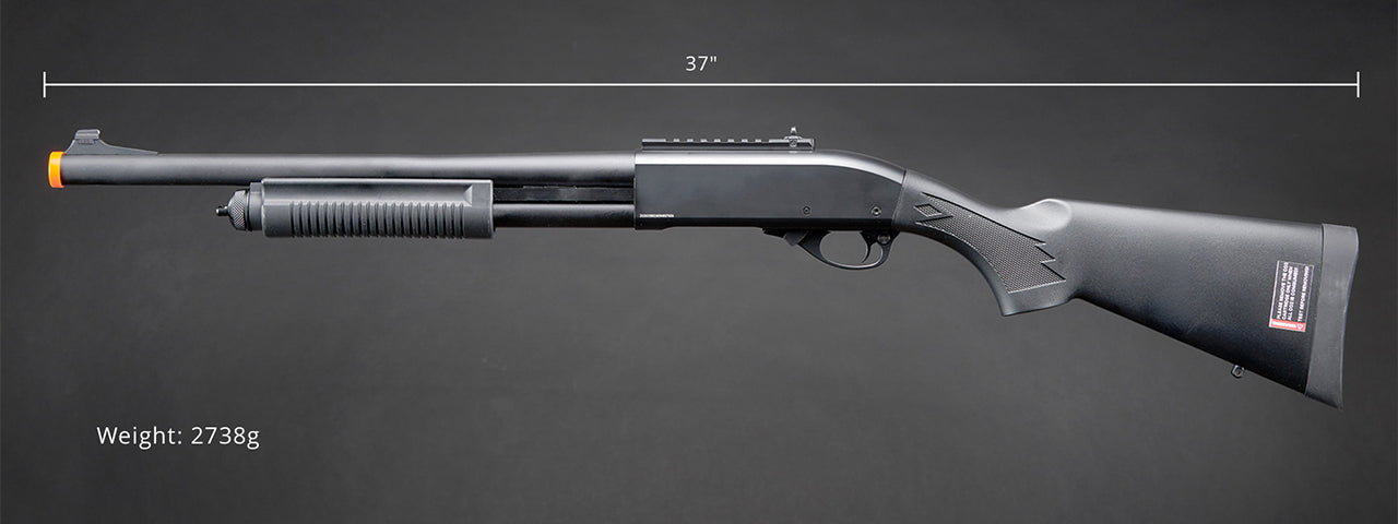 Golden Eagle M870 3/6-Shot Pump Action Gas Airsoft Shotgun w/ Mock Shell Tube & Ghost Ring Iron Sights - (Black)