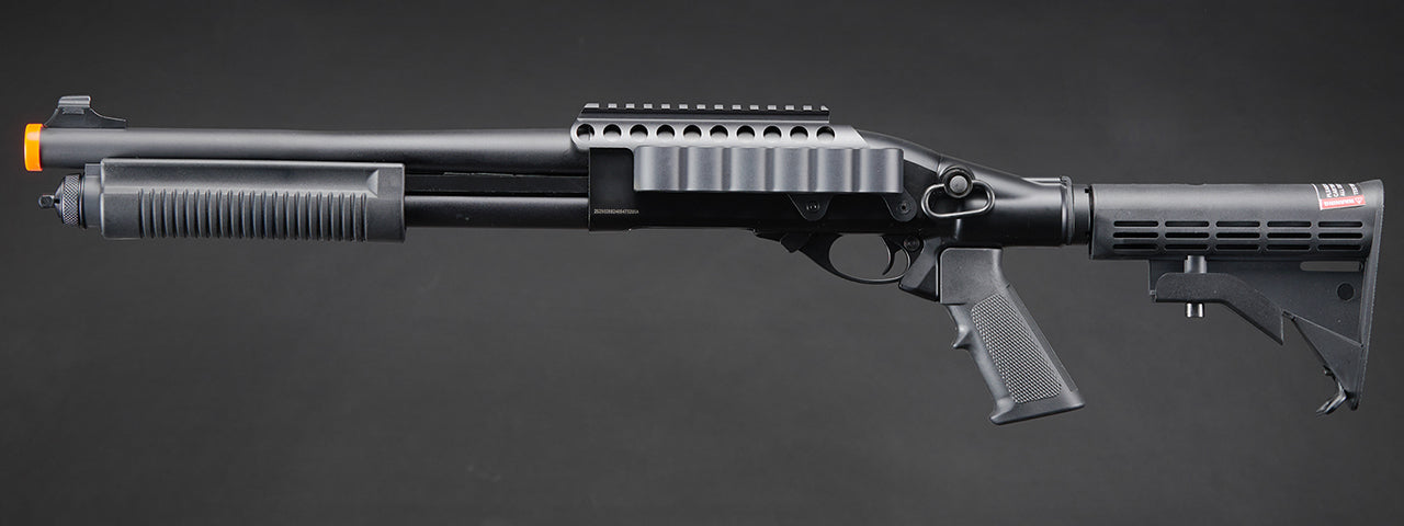 Golden Eagle M8873 3/6-Shot Pump Action CO2 Airsoft Shotgun w/ Optic Rail & M4 Crane Stock - (Black)