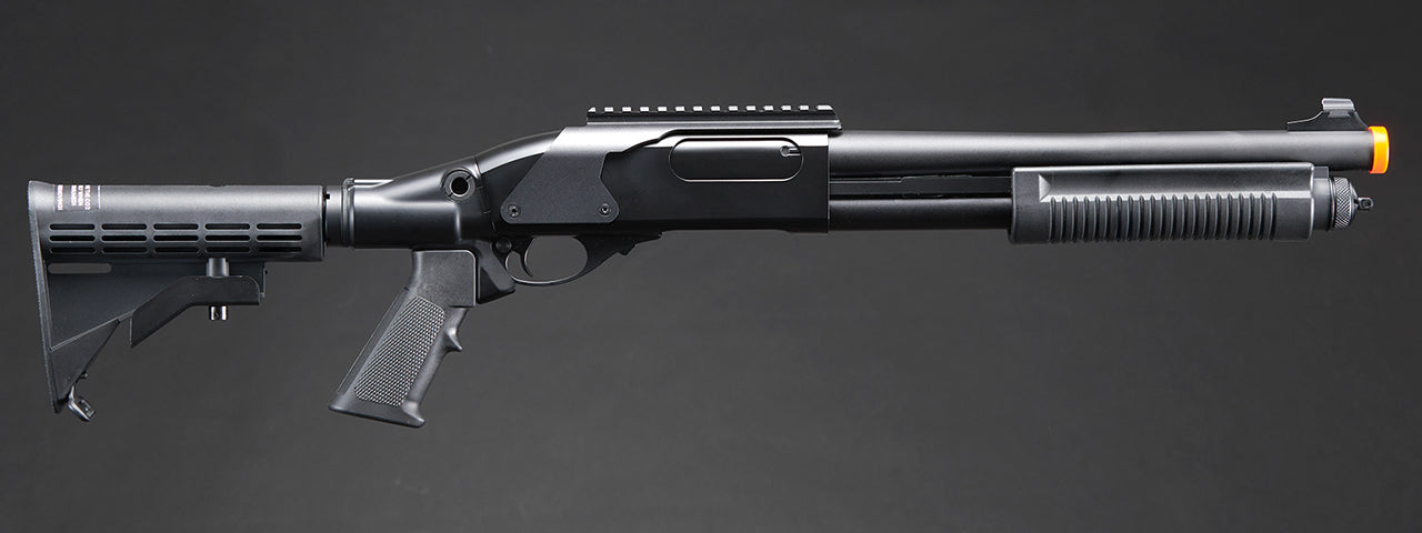 Golden Eagle M8873 3/6-Shot Pump Action CO2 Airsoft Shotgun w/ Optic Rail & M4 Crane Stock - (Black)