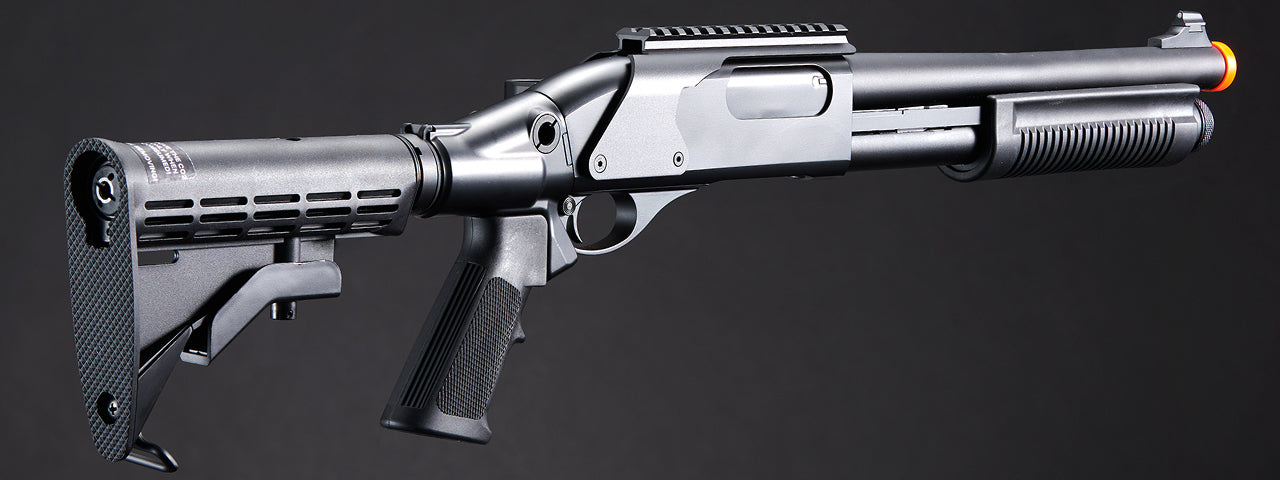 Golden Eagle M8873 3/6-Shot Pump Action CO2 Airsoft Shotgun w/ Optic Rail & M4 Crane Stock - (Black)