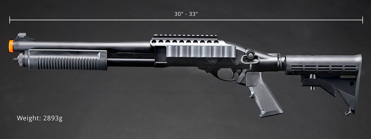 Golden Eagle M8873 3/6-Shot Pump Action CO2 Airsoft Shotgun w/ Optic Rail & M4 Crane Stock - (Black)