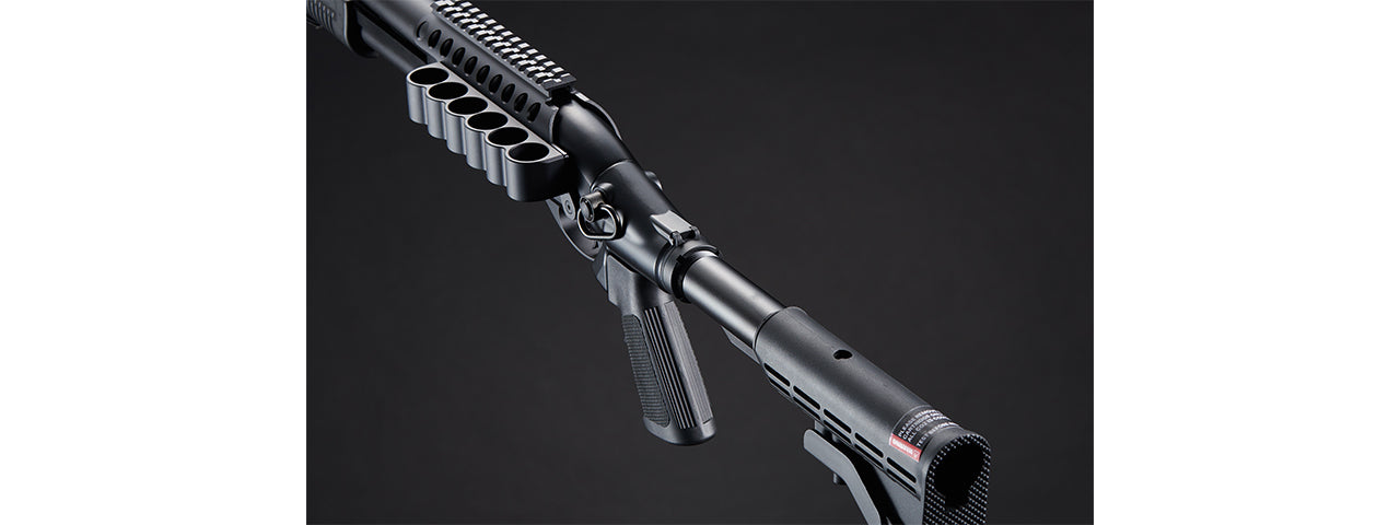 Golden Eagle M8873 3/6-Shot Pump Action CO2 Airsoft Shotgun w/ Optic Rail & M4 Crane Stock - (Black)