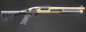 Golden Eagle M8873 3/6-Shot Pump Action CO2 Airsoft Shotgun w/ Optic Rail & M4 Crane Stock - (Tan)