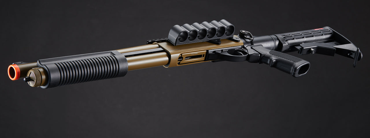 Golden Eagle M8873 3/6-Shot Pump Action CO2 Airsoft Shotgun w/ Optic Rail & M4 Crane Stock - (Tan)