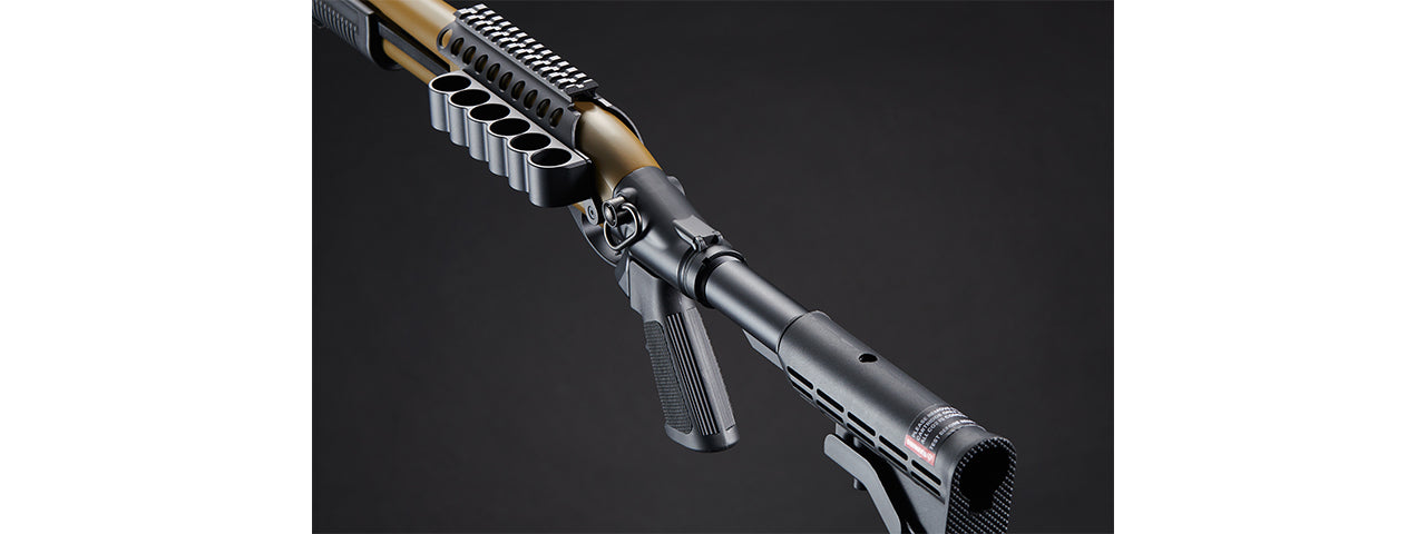 Golden Eagle M8873 3/6-Shot Pump Action CO2 Airsoft Shotgun w/ Optic Rail & M4 Crane Stock - (Tan)