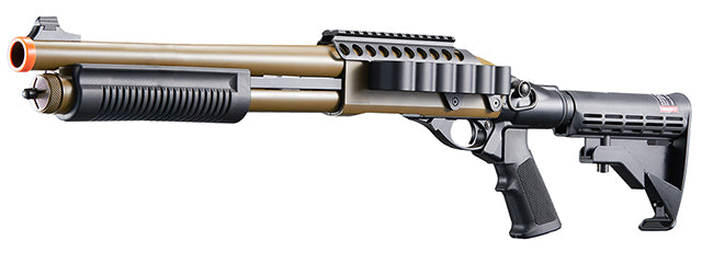 Golden Eagle M8873 3/6-Shot Pump Action CO2 Airsoft Shotgun w/ Optic Rail & M4 Crane Stock - (Tan)