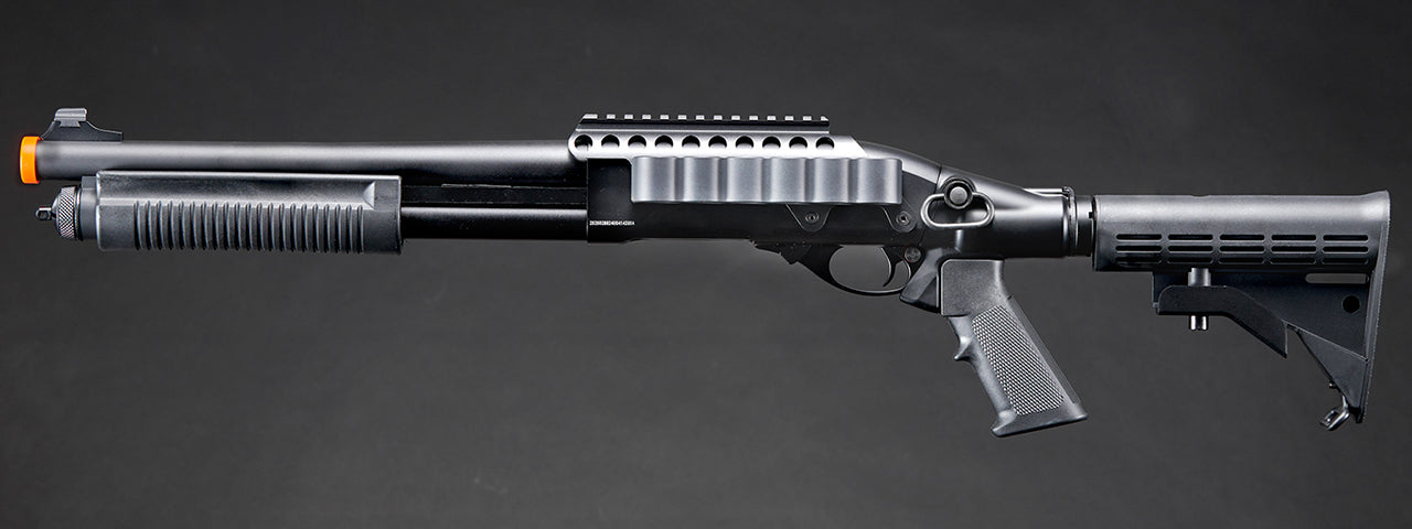 Golden Eagle M8873 3/6-Shot Pump Action Gas Airsoft Shotgun w/ Optic Rail & M4 Crane Stock - (Black)