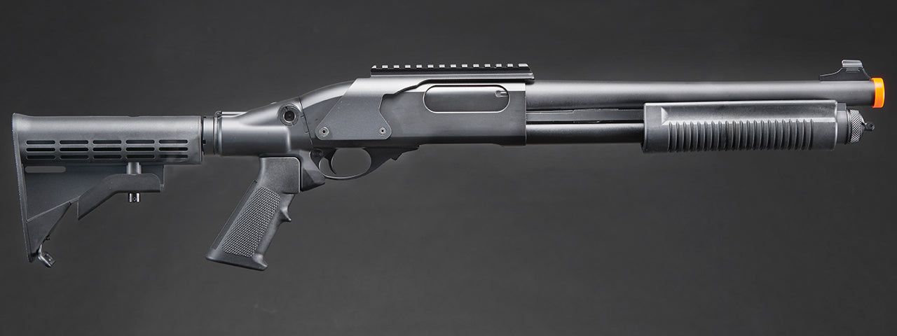 Golden Eagle M8873 3/6-Shot Pump Action Gas Airsoft Shotgun w/ Optic Rail & M4 Crane Stock - (Black)