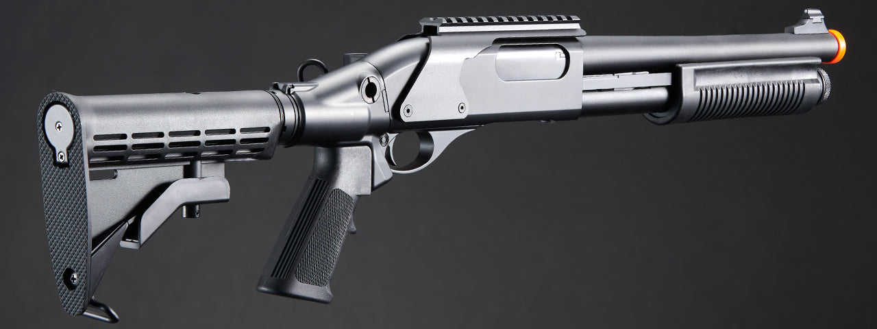 Golden Eagle M8873 3/6-Shot Pump Action Gas Airsoft Shotgun w/ Optic Rail & M4 Crane Stock - (Black)