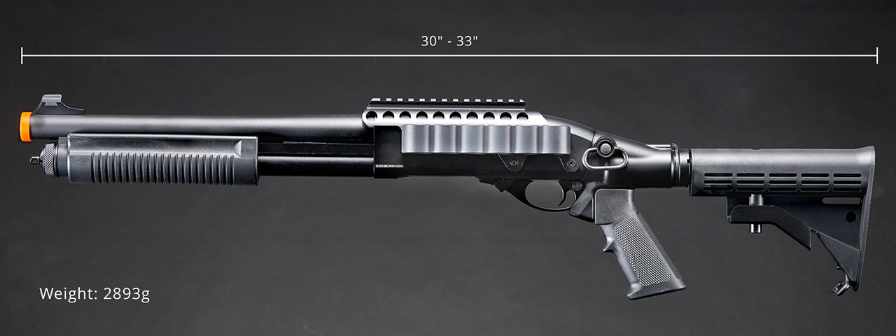 Golden Eagle M8873 3/6-Shot Pump Action Gas Airsoft Shotgun w/ Optic Rail & M4 Crane Stock - (Black)