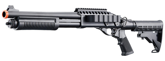 Golden Eagle M8873 3/6-Shot Pump Action Gas Airsoft Shotgun w/ Optic Rail & M4 Crane Stock - (Black)