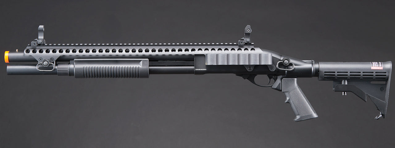 Golden Eagle M8874 3/6-Shot Pump Action CO2 Airsoft Shotgun w/ Flip Up Sights, Picatinny Rail & M4 Crane Stock - (Black)