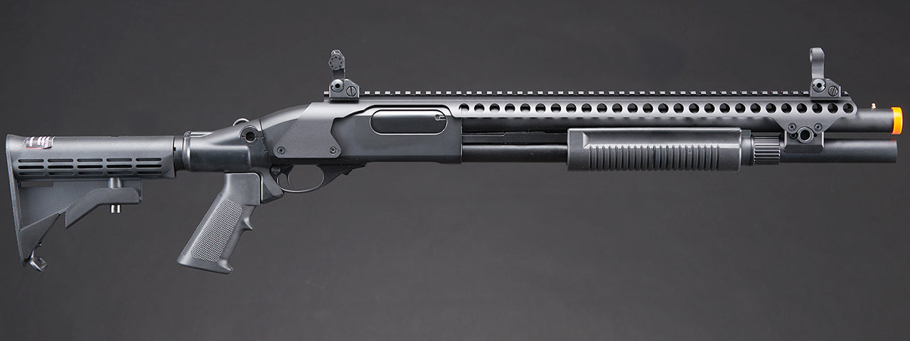 Golden Eagle M8874 3/6-Shot Pump Action CO2 Airsoft Shotgun w/ Flip Up Sights, Picatinny Rail & M4 Crane Stock - (Black)