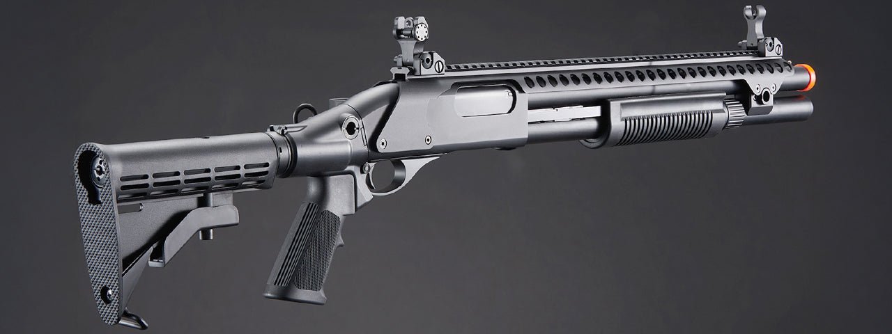 Golden Eagle M8874 3/6-Shot Pump Action CO2 Airsoft Shotgun w/ Flip Up Sights, Picatinny Rail & M4 Crane Stock - (Black)