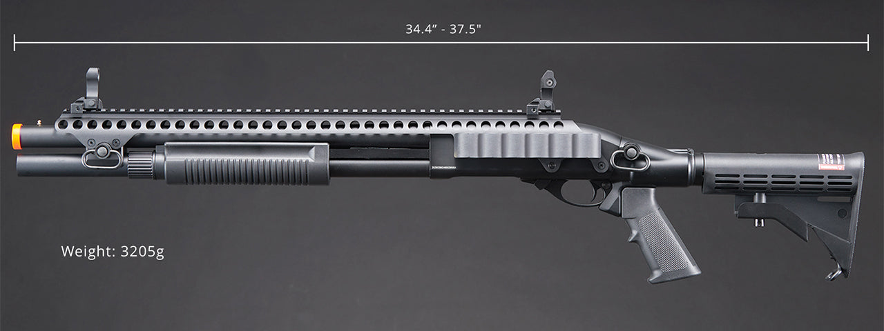 Golden Eagle M8874 3/6-Shot Pump Action CO2 Airsoft Shotgun w/ Flip Up Sights, Picatinny Rail & M4 Crane Stock - (Black)