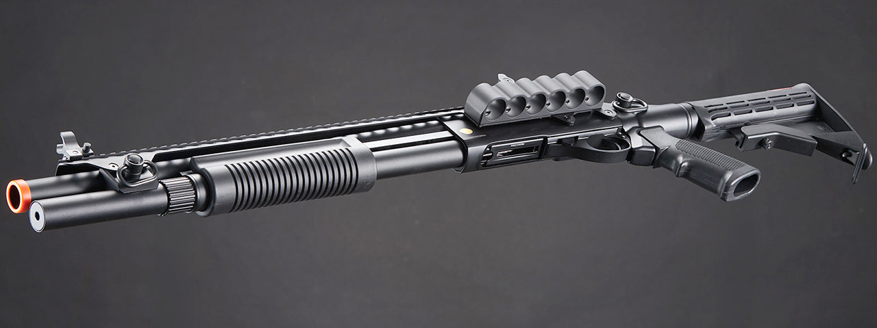 Golden Eagle M8874 3/6-Shot Pump Action CO2 Airsoft Shotgun w/ Flip Up Sights, Picatinny Rail & M4 Crane Stock - (Black)