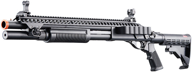 Golden Eagle M8874 3/6-Shot Pump Action CO2 Airsoft Shotgun w/ Flip Up Sights, Picatinny Rail & M4 Crane Stock - (Black)