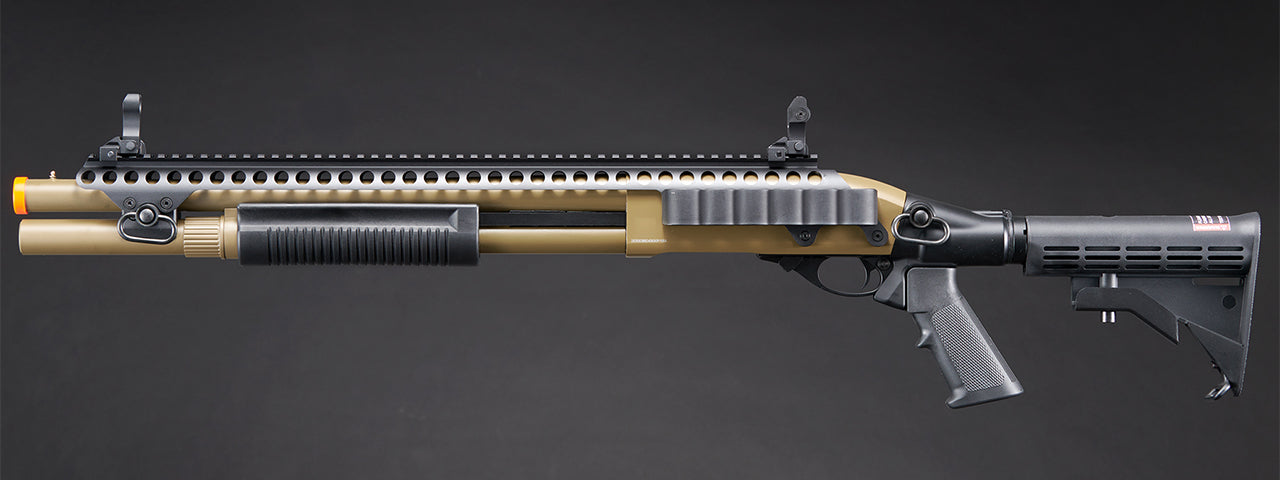 Golden Eagle M8874 3/6-Shot Pump Action CO2 Airsoft Shotgun w/ Flip Up Sights, Picatinny Rail & M4 Crane Stock - (Tan)