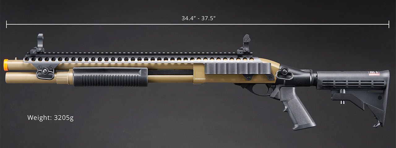 Golden Eagle M8874 3/6-Shot Pump Action CO2 Airsoft Shotgun w/ Flip Up Sights, Picatinny Rail & M4 Crane Stock - (Tan)