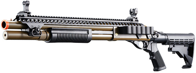 Golden Eagle M8874 3/6-Shot Pump Action CO2 Airsoft Shotgun w/ Flip Up Sights, Picatinny Rail & M4 Crane Stock - (Tan)