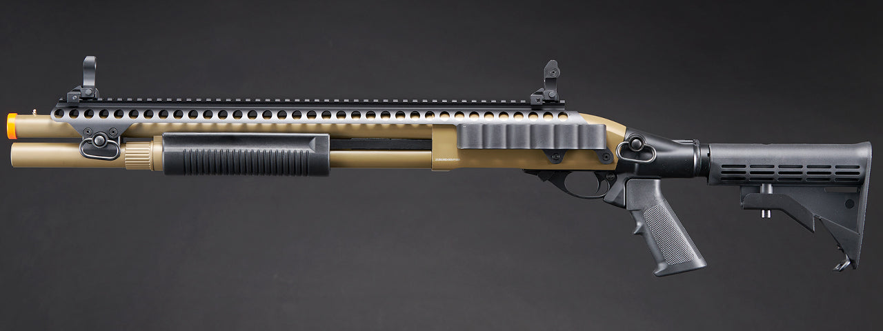 Golden Eagle M8874 3/6-Shot Pump Action Gas Airsoft Shotgun w/ Flip Up Sights, Picatinny Rail & M4 Crane Stock - (Tan)