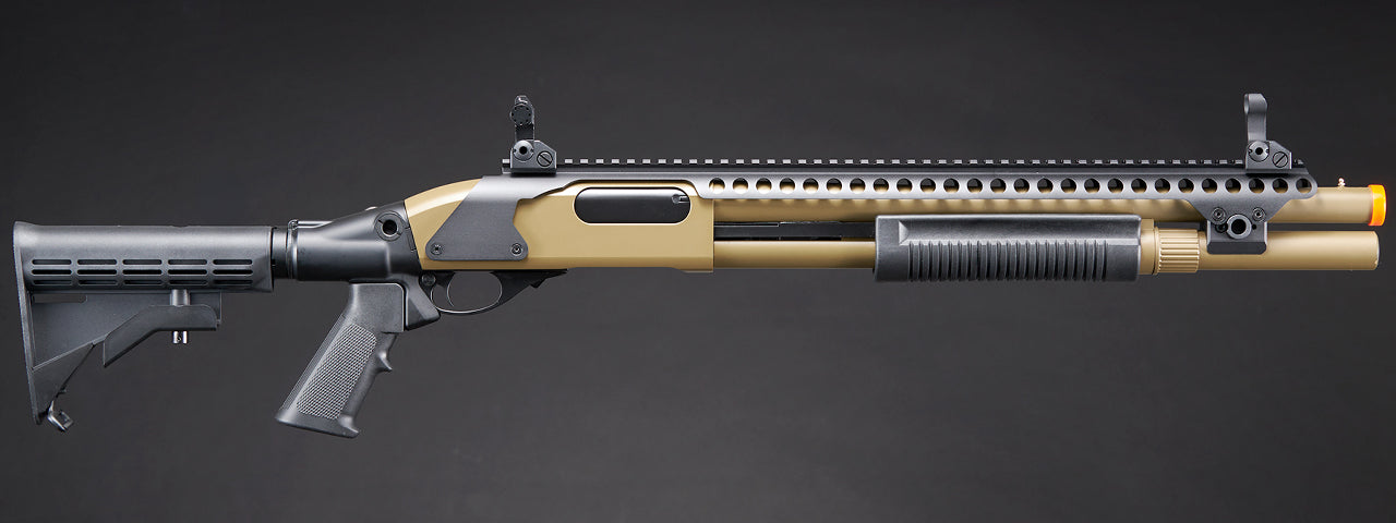 Golden Eagle M8874 3/6-Shot Pump Action Gas Airsoft Shotgun w/ Flip Up Sights, Picatinny Rail & M4 Crane Stock - (Tan)