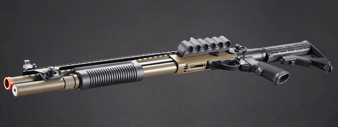 Golden Eagle M8874 3/6-Shot Pump Action Gas Airsoft Shotgun w/ Flip Up Sights, Picatinny Rail & M4 Crane Stock - (Tan)