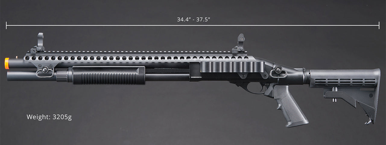 Golden Eagle M8874 3/6-Shot Pump Action Gas Airsoft Shotgun w/ Flip Up Sights, Picatinny Rail & M4 Crane Stock - (Black)