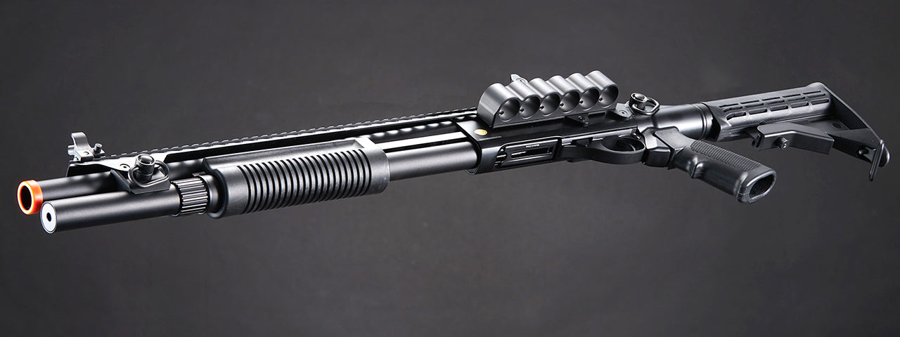 Golden Eagle M8874 3/6-Shot Pump Action Gas Airsoft Shotgun w/ Flip Up Sights, Picatinny Rail & M4 Crane Stock - (Black)