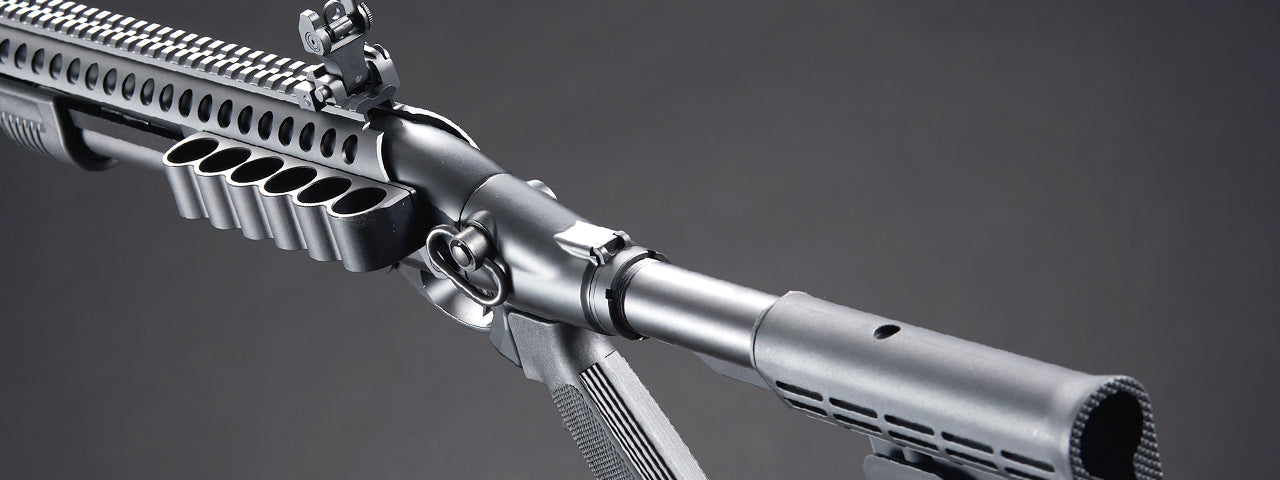 Golden Eagle M8874 3/6-Shot Pump Action Gas Airsoft Shotgun w/ Flip Up Sights, Picatinny Rail & M4 Crane Stock - (Black)