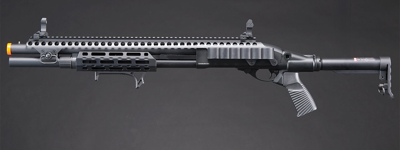 Golden Eagle M8875 3/6-Shot Pump Action CO2 Airsoft Shotgun w/ Flip Up Sights, M-LOK, Picatinny Rail & M4 Buffer Stock - (Black)